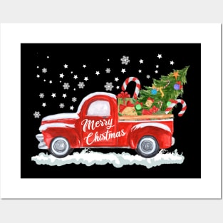 Merry Christmas Retro Vintage Red Truck Posters and Art